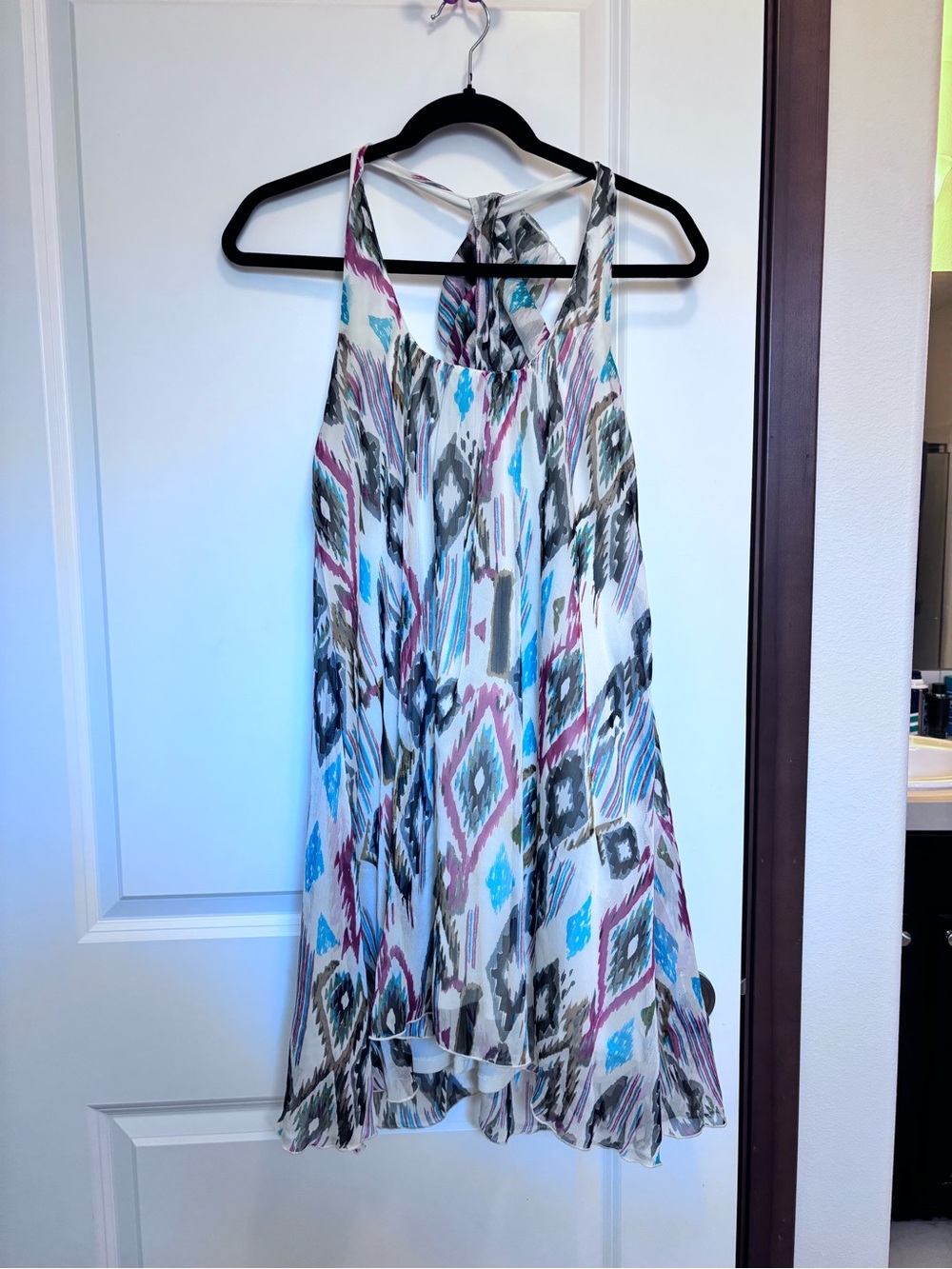 Savannah White Ikat-Print Mini Dress with Blue & Pink Accents